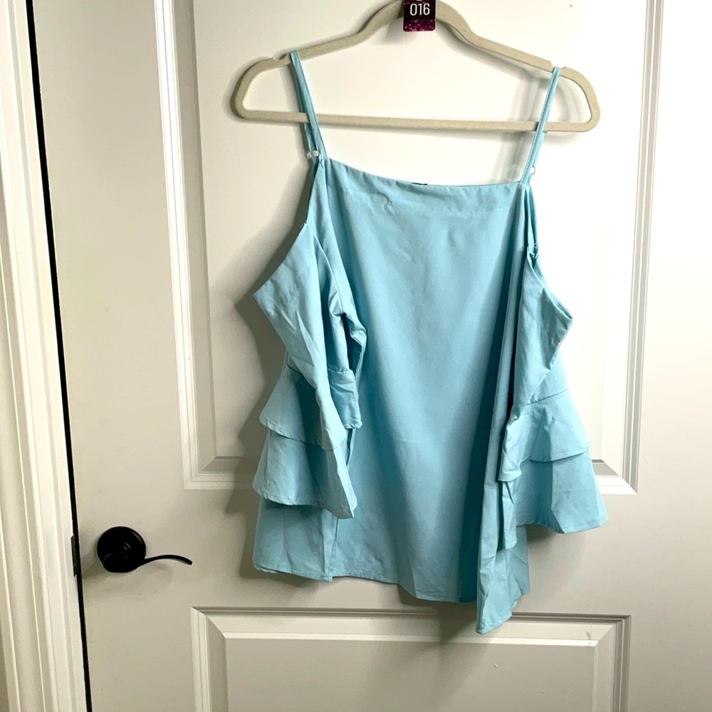 Light blue off the shoulder blouse.